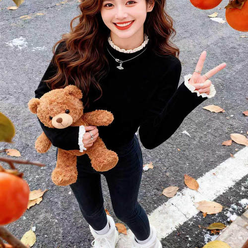 花边拼接半高领打底衫女秋冬双面磨毛修身设计感针织衫内搭ak