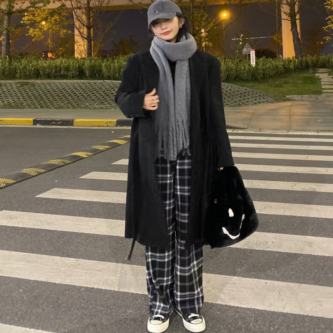 【U家同款羊羔绒格子裤】女裤子秋冬季韩版高腰显瘦阔腿裤复古ak