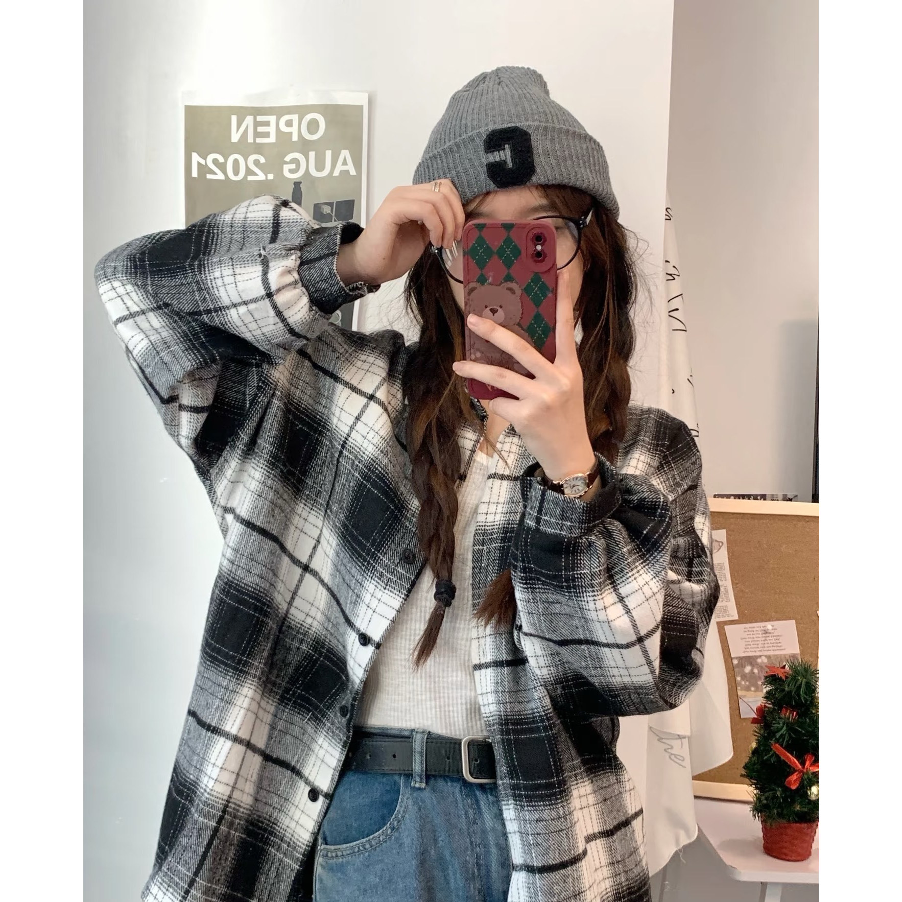 【双11福利】韩版hiphop撞色格子长袖衬衫宽松慵懒风百搭外套L2