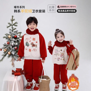 童装2025男女童圣诞加厚加绒套装卡通印花儿童红色卫衣两件套ak