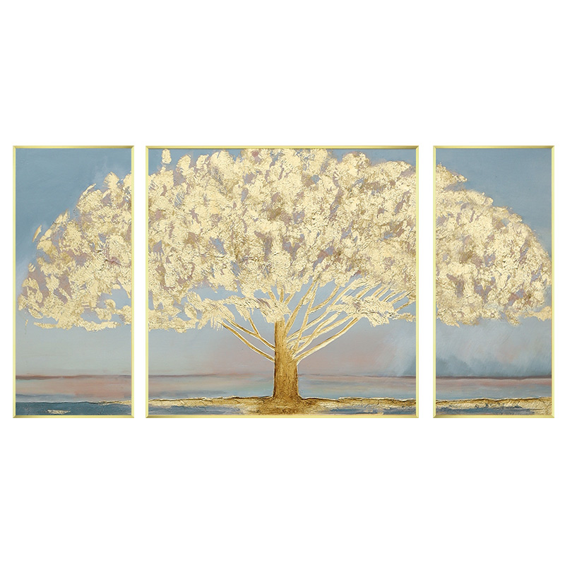 速发手绘油画发财树三联客厅沙发背景墙装饰画电视机高端高档大气
