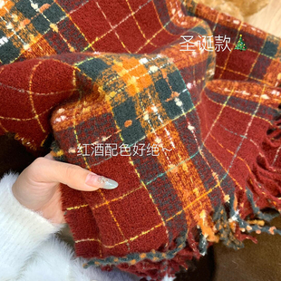 圣诞节围巾女冬季2024浆果红色格子新年加厚氛围感仿羊绒安格拉红