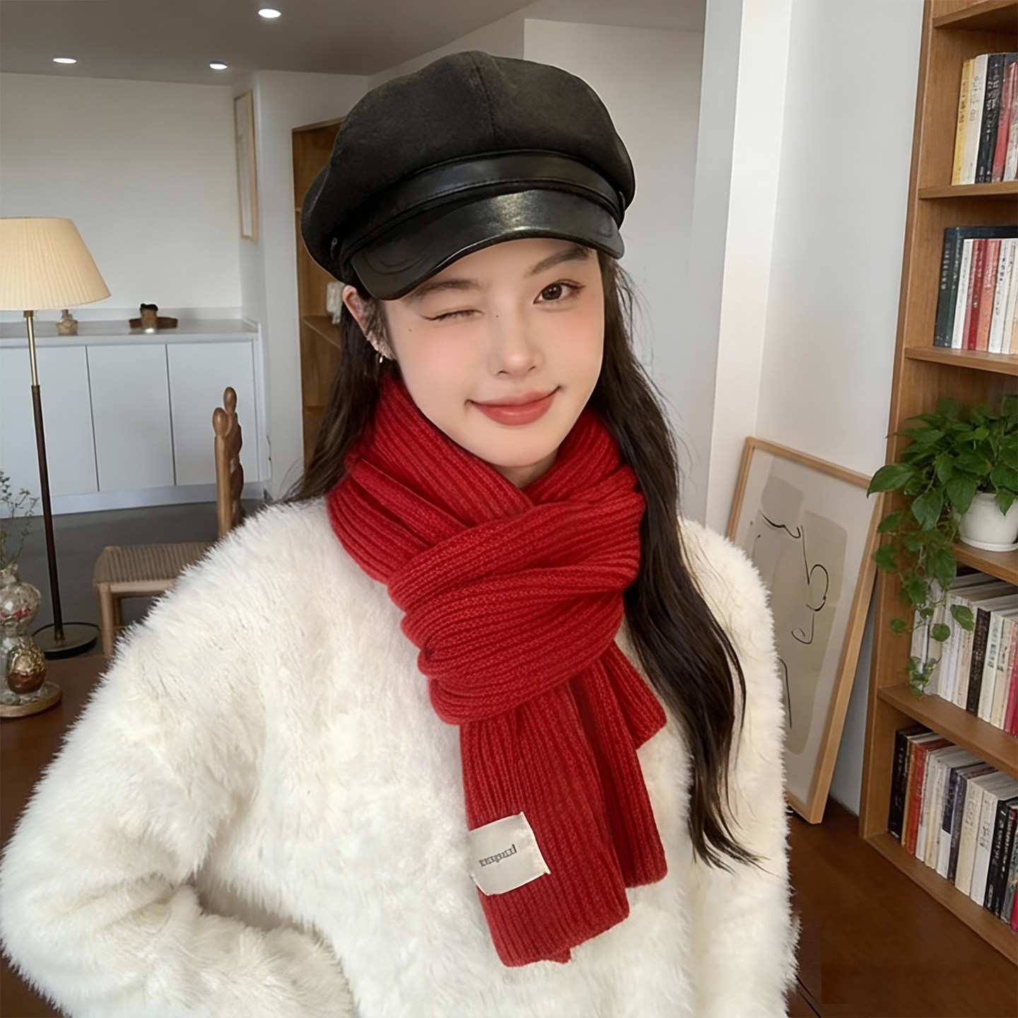 红色针织围巾女2025新款秋冬季韩系高级感保暖加厚时尚纯色短围脖