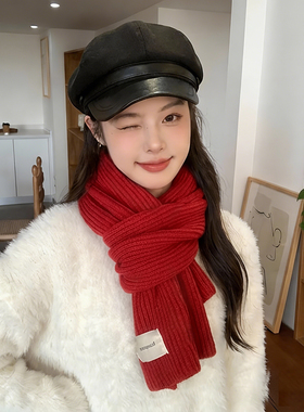 红色针织围巾女2025新款秋冬季韩系高级感保暖加厚时尚纯色短围脖
