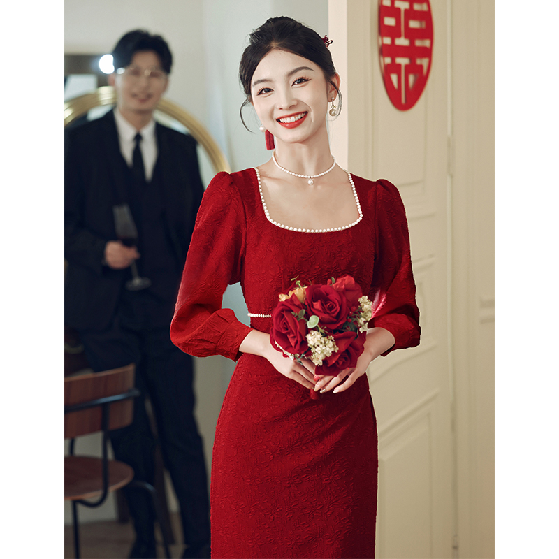 速发服色敬酒服新娘礼婚连衣裙回门订红小个子平时穿便装秋冬季长