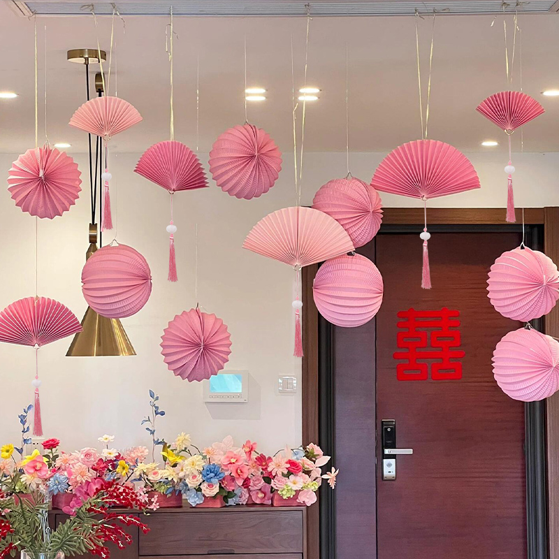 速发结婚灯饰粉色系国风扇子婚间装笼套装卧室房房婚礼男方布置