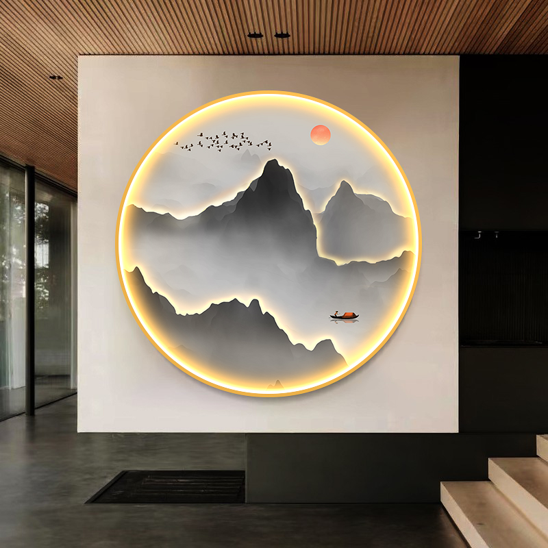 速发水墨山水玄关装饰画新中式禅意圆形带灯挂画轻奢鹿书房背景墙图片