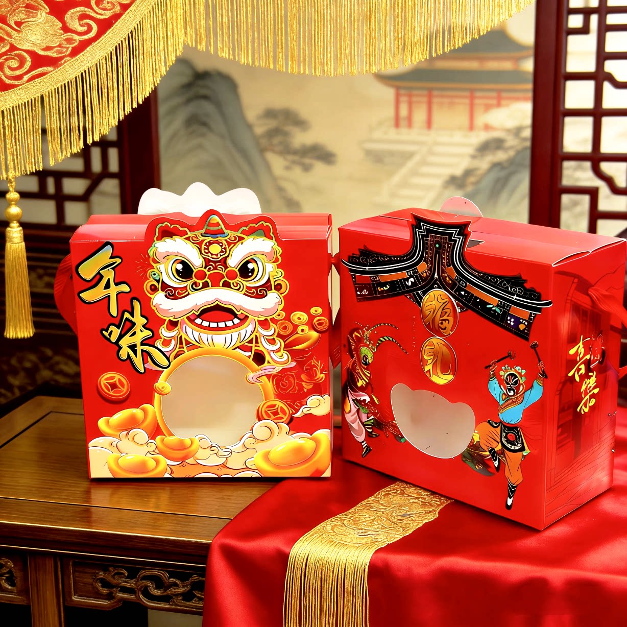 2026新年春节元宵节礼品盒国潮舞狮创意手提包装盒礼品饼干雪花酥