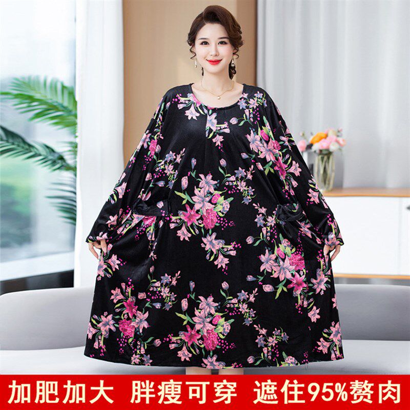 现货速发中年妈妈特大加肥金丝绒连衣裙中老年装长袖圆领印花过膝
