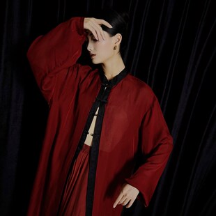 现货速发WYZ盖盖长款中国风盘扣立领飘逸纱衣新中式黑红双层长纱