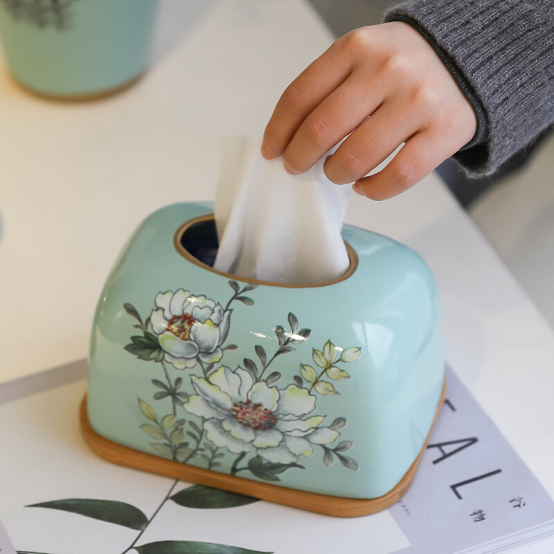 新中式陶瓷纸巾盒山茶客厅高级感奶油风抽纸盒餐桌创意摆件纸巾抽