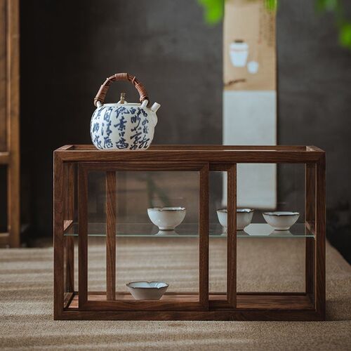 热销北美黑胡桃木茶具收纳柜实木防E尘中式桌面茶杯家用玻璃展示