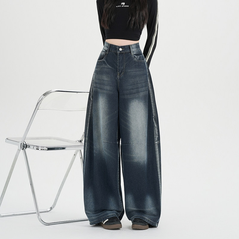 蓝灰色弯刀牛仔裤女2026年春季新款复古宽松时尚渐变垂感阔腿裤子