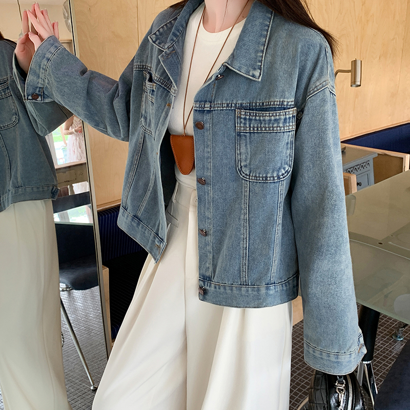 复古港风浅蓝色牛仔外套女春秋宽松休闲短款小个子工装夹克上衣潮