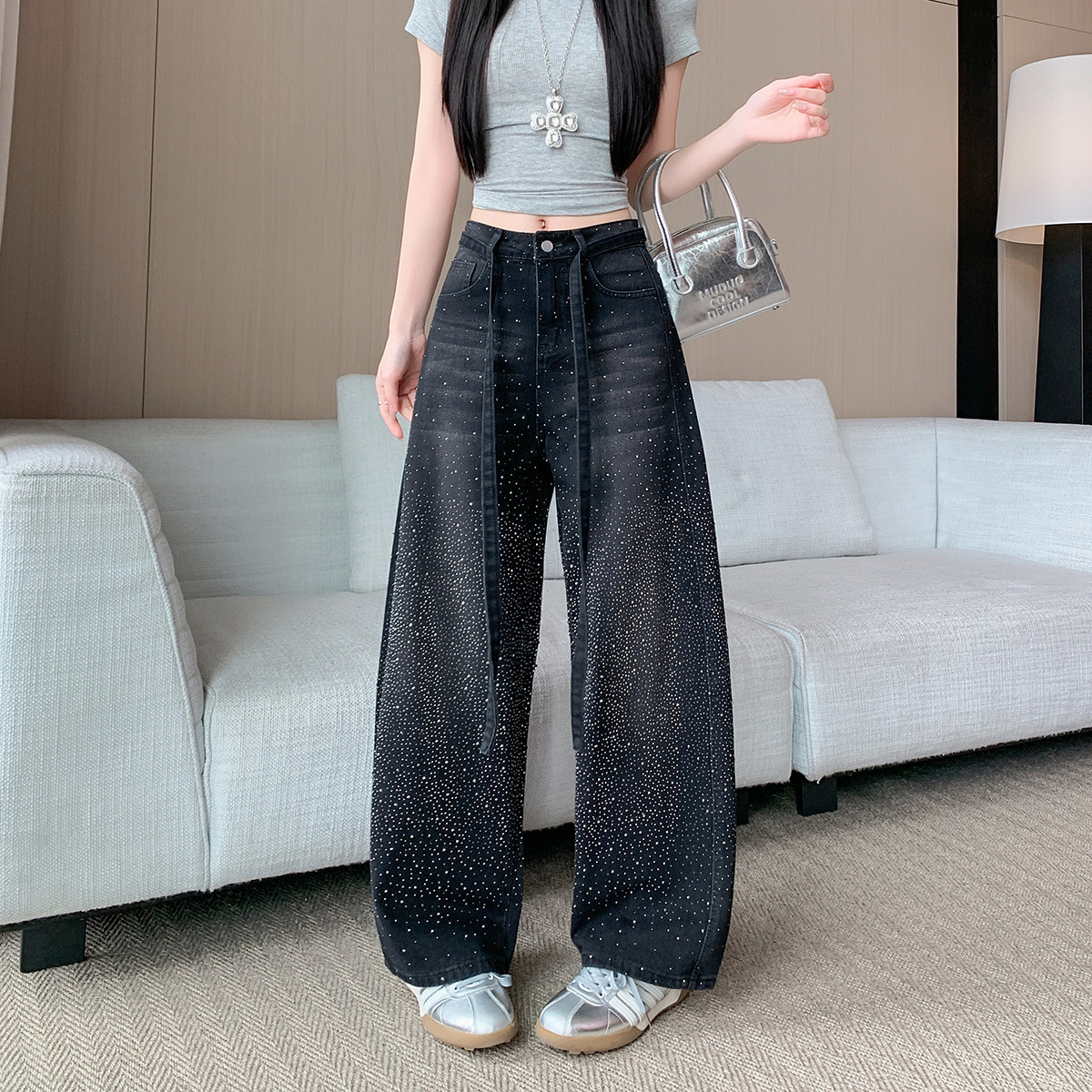 美式复古设计感烫钻爆闪闪亮牛仔裤裤子女款春秋季宽松阔腿拖地裤