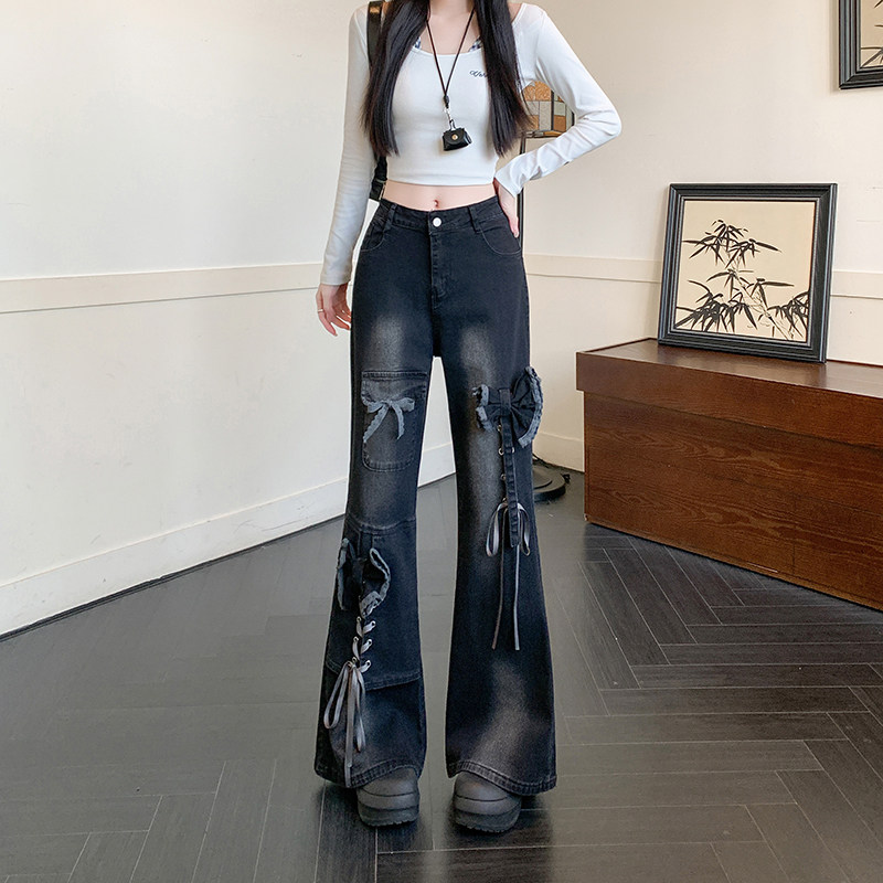美式复古黑色蝴蝶绑带微喇牛仔裤女春秋季设计感高腰显瘦拖地裤潮