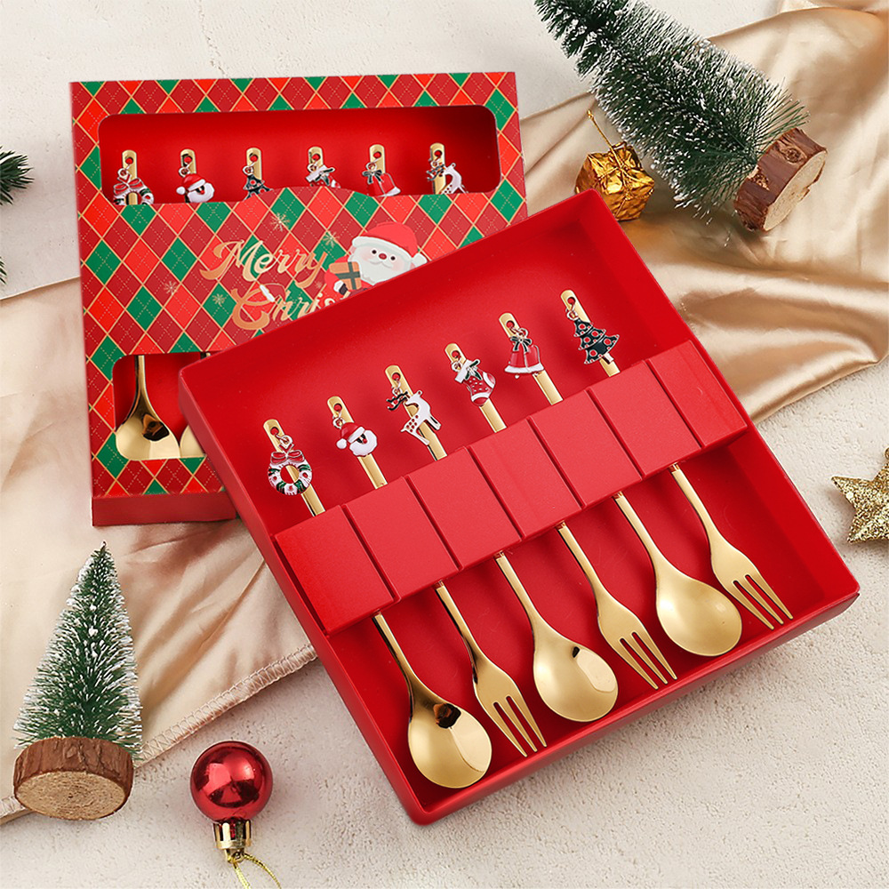 J不锈钢圣诞勺叉创意卡通圣诞甜品勺咖啡勺甜品叉六件套礼盒套装