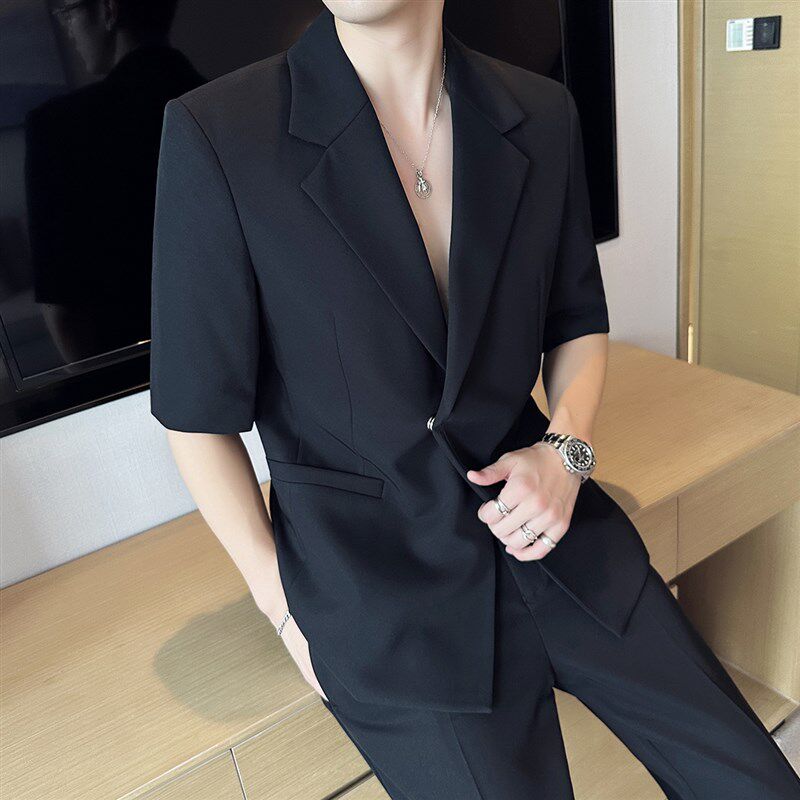 新品磁吸纽扣男士短袖西服套装廓形E微宽松百搭时尚潮流帅气西装