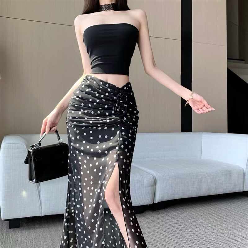 新品黑色开叉网纱半身裙女夏季辣妹Ains潮设计感褶皱高腰a字雪纺