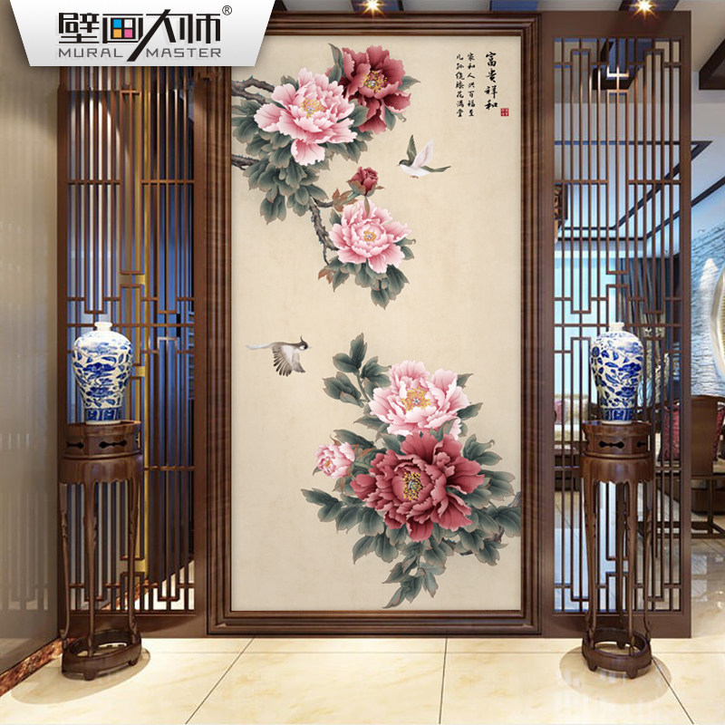 极速牡丹壁布古典花鸟国画墙纸客厅电F视背景墙壁纸新中式墙布花,家装主材,定制壁画,淘宝优惠券,粉丝福利购,淘宝优惠卷