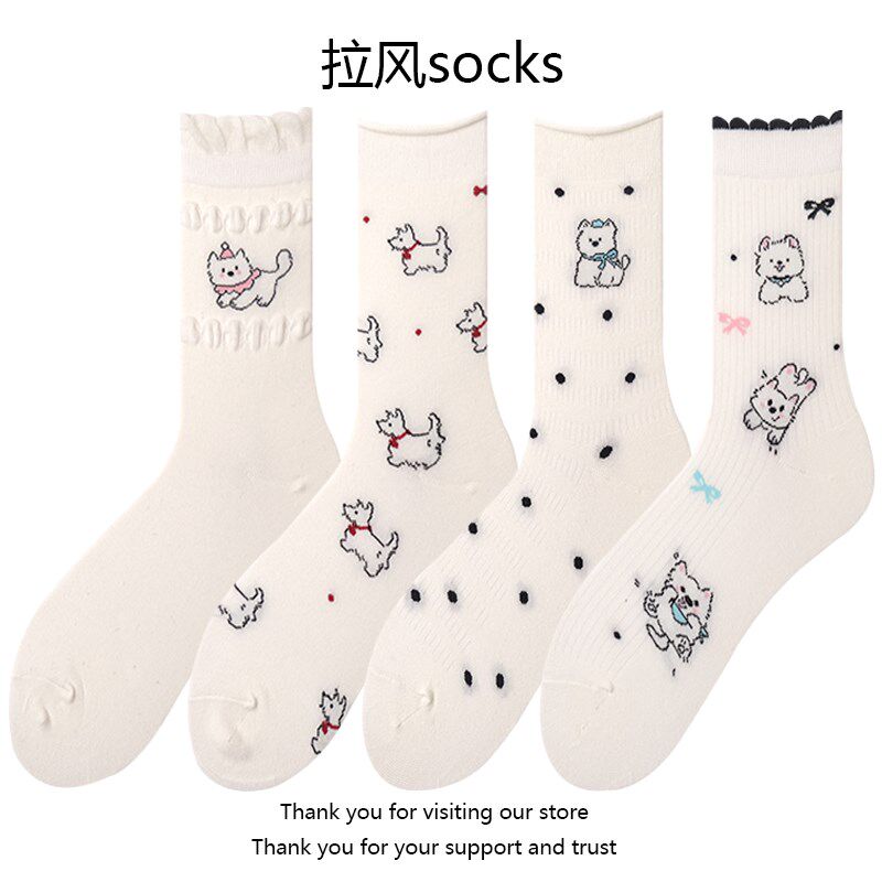新品卡通可爱小狗袜子女中筒袜春夏D季纯棉日系ins潮夏天薄款白色
