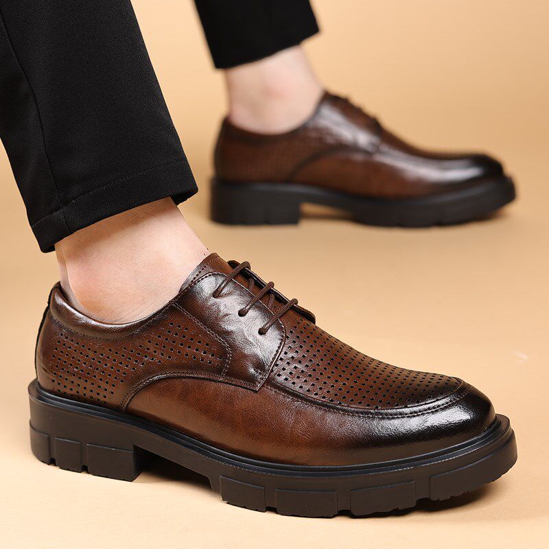 新品内增高皮鞋男真皮夏季透气防臭商H务休闲鞋男士棕色镂空厚底