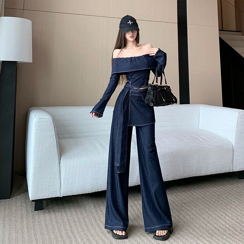 新品复古b牛仔套装女春季时尚一字肩短上衣高腰屁帘假两件阔腿裤