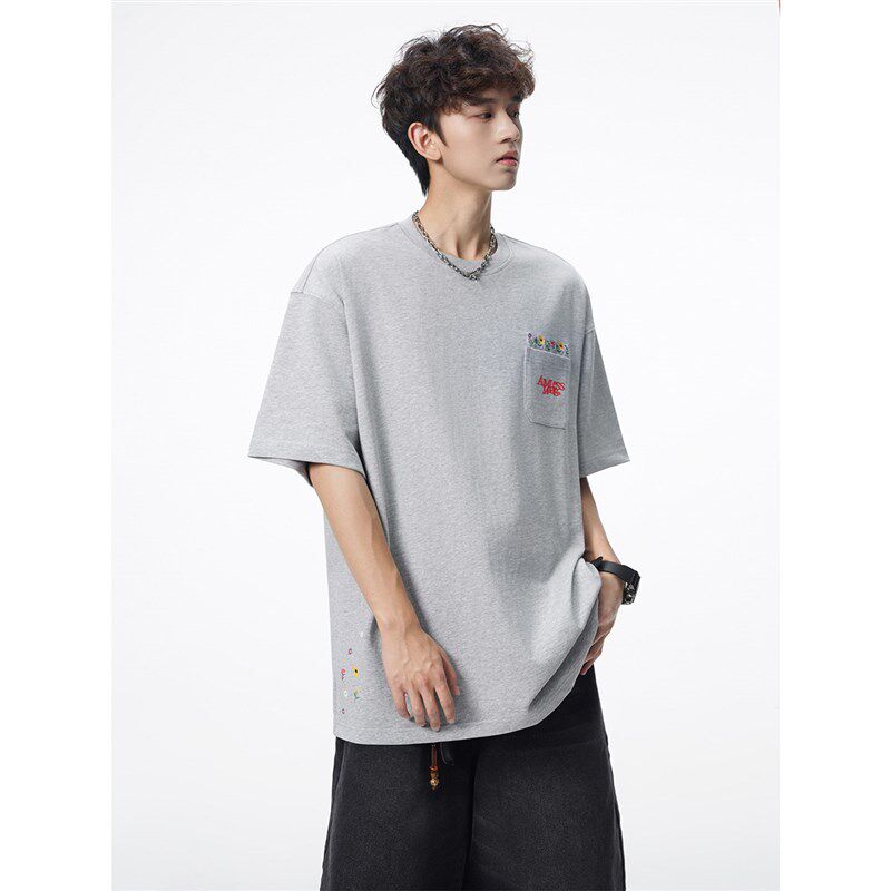 新品美式花卉f刺绣重磅短袖t恤男新款夏季宽松设计感百搭圆领半袖