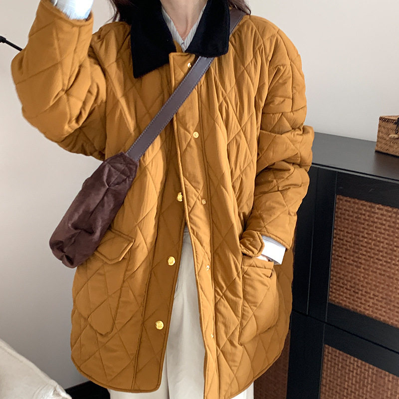 新品多巴胺色系h夹棉保暖棉服女2023秋冬新款韩版卡其色菱格棉衣