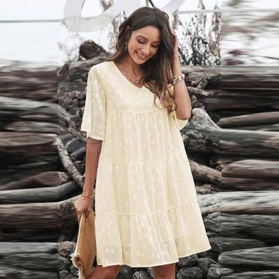 极速(Summer solid V-neck lace skirt loose PulloSver tulle sk