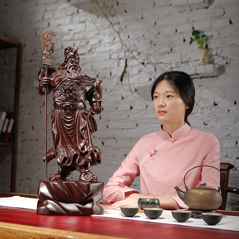 极速黑檀木雕刻关公像摆件大号财神爷家居K公司装饰红木工艺品开
