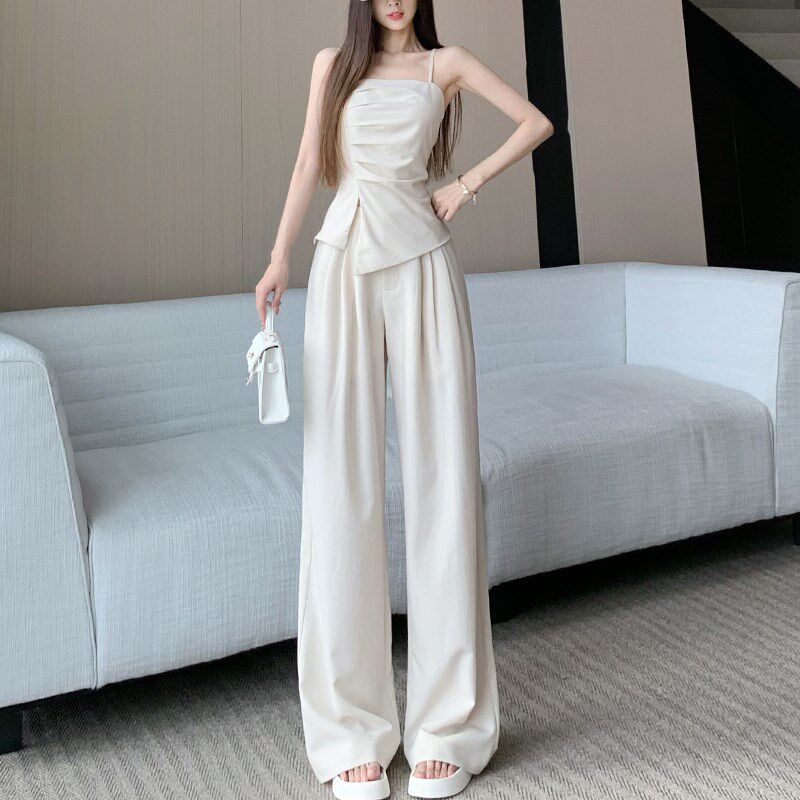 极速休闲时尚套装女夏季小众设z计感褶皱吊带背心抹胸上衣阔腿裤