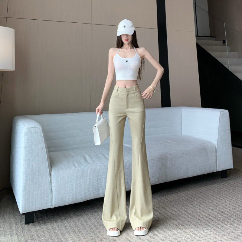 新品卡其色微g喇西装裤女夏季设计感高腰裤显高显瘦时尚垂坠感拖
