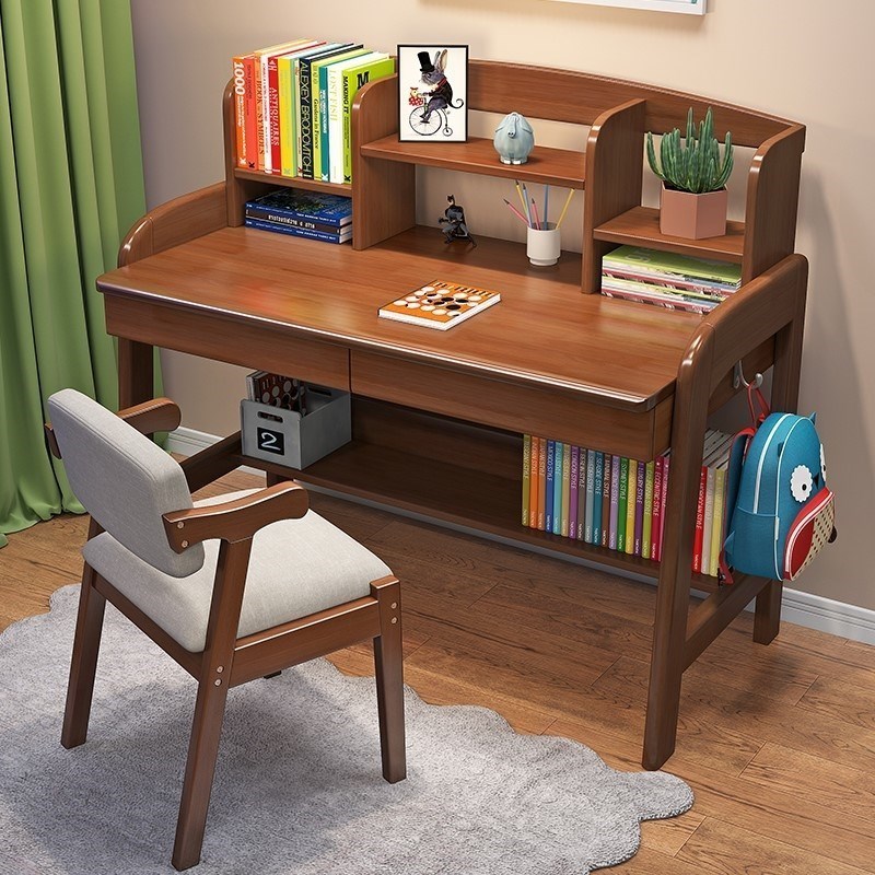 极速儿童学习桌椅子一套家用卧室小F学生书桌带书架可升降全实木