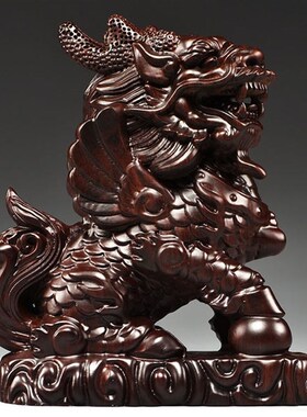 极速黑檀木雕麒麟摆件一对木制家居办公室客厅卧室U装饰工艺品开