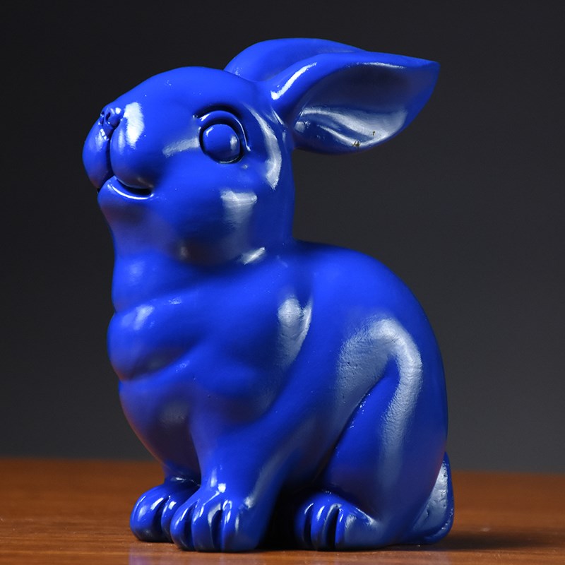 极速木雕兔子摆件实木生肖蓝色z兔动物家居客厅装饰招财木质摆设