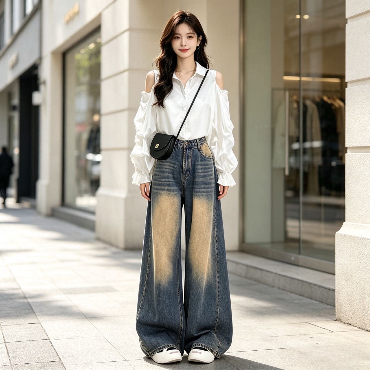 韩系洋气露肩荷叶袖衬衫套装女 复古渐变阔腿牛仔裤减龄两件套