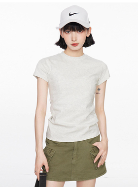 美式灰色正肩短袖t恤女2024新款夏季女款纯棉紧身修身短款上衣夏