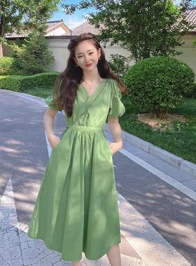 欧洲站2025新款茶歇法式桔梗长裙显瘦高级感气质绿色连衣裙女夏季