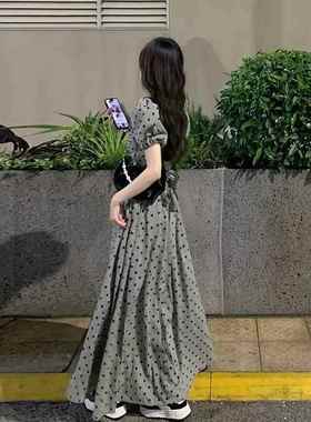 法式灰色波点感收腰v领半身连衣裙设计小众女夏子ltao7188气质长