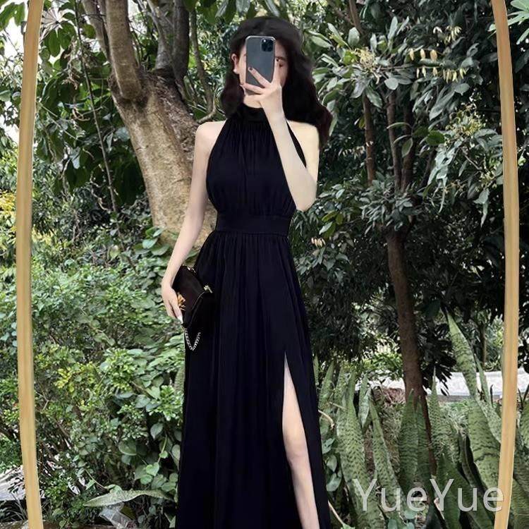 气质时尚小众收腰裙夏季OTF开叉无连袖挂脖衣感裙设长计红色优雅