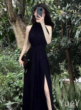 气质时尚小众收腰裙夏季OTF开叉无连袖挂脖衣感裙设长计红色优雅