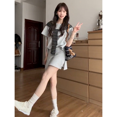 韩系穿搭学院风连衣裙子女夏季2025新款小个子高级感卫衣套装短裙