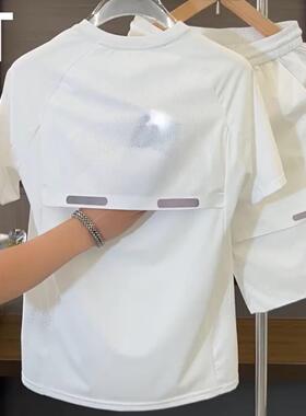 潮牌夏季冰丝速干休闲运动套装男士跑步健身服圆领短袖短裤两件套