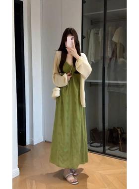 新中式江南水墨禅意绿色吊带连衣裙外搭防晒开衫两件套