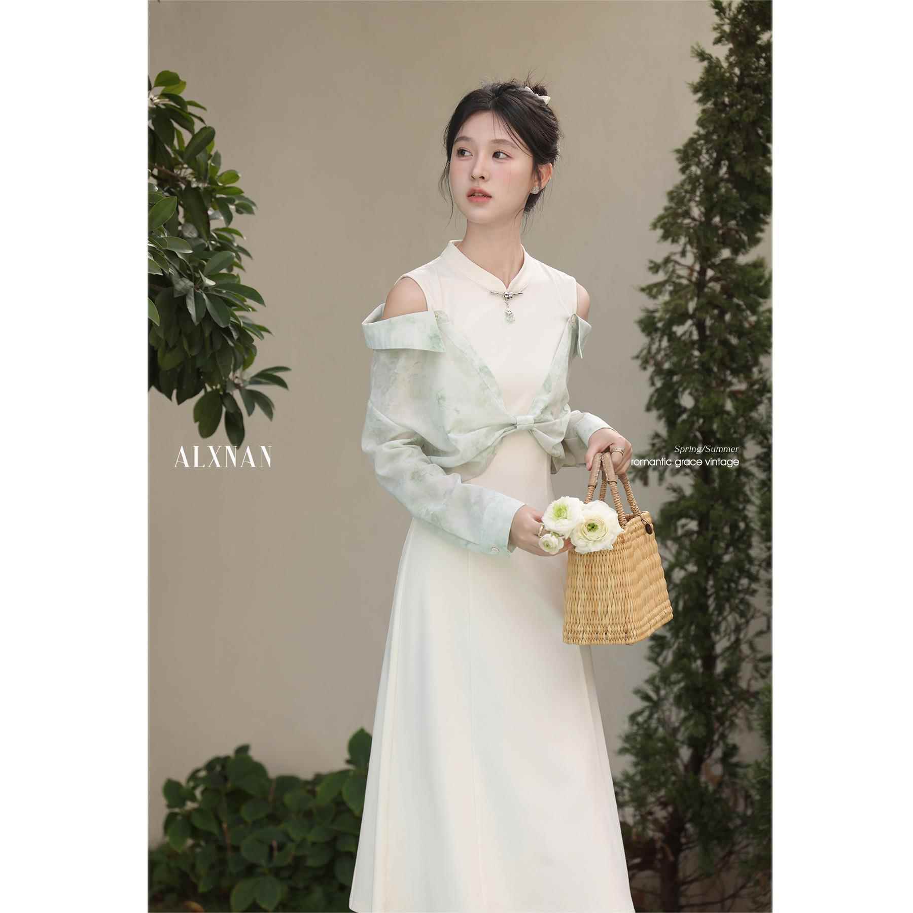 鹿向南「莫奈花园」新中式国风假两件拼接连衣裙女夏杏色气质长裙