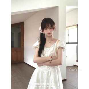初恋连感白色子蓬裙小个穿搭蕾UCK蓬丝拼接收腰短款泡泡袖衣裙女