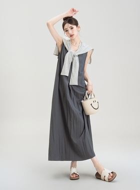 灰色法式复古条纹披肩假两件背心连衣裙女夏季新款a字显瘦长裙子