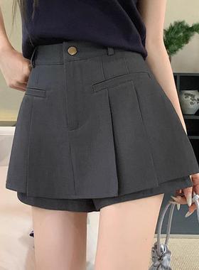 灰色西装百褶裙女2025夏季不规则裤裙大码高腰显瘦防走光A字短裙