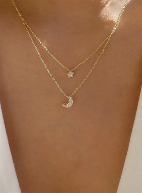 星星项链欧美新款饰品小众满钻多层合金月亮首饰女吊坠